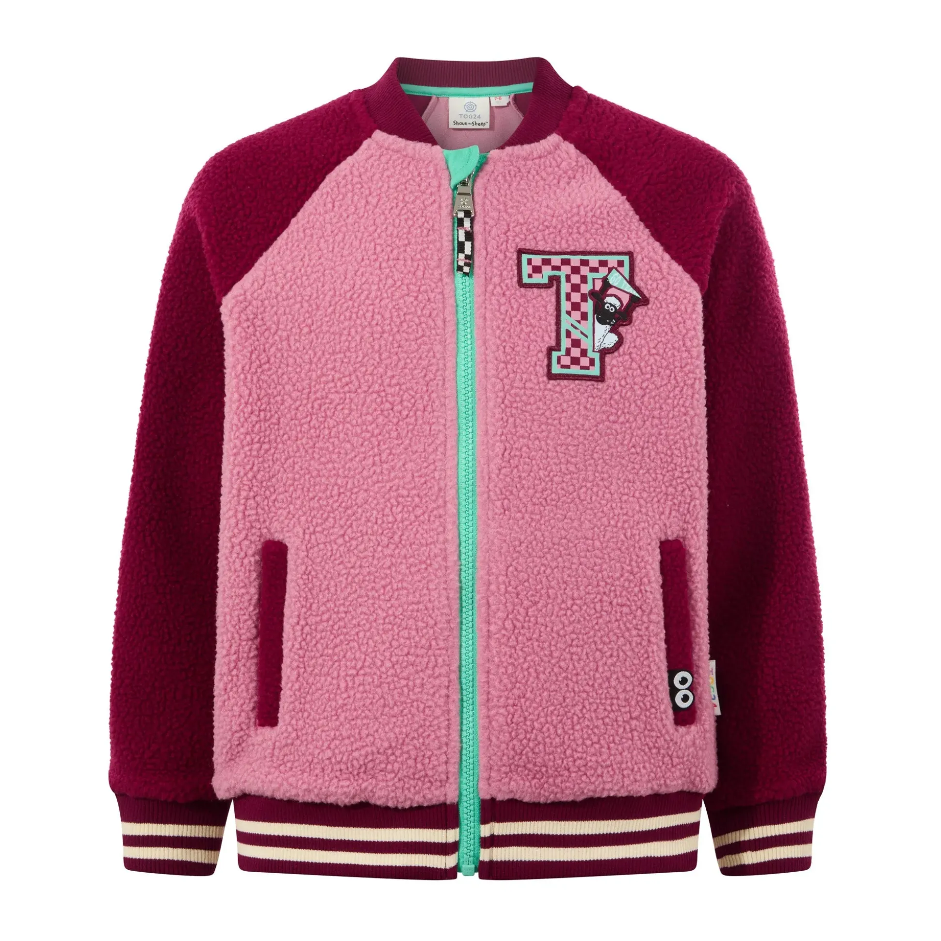 Aberfield Shaun the Sheep Kids Sherpa Varsity Bomber Jacket - Candy Floss/Beetroot Red