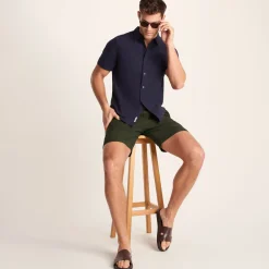 Allento Mens Relaxed Fit Herringbone Fabric Shorts - Dark Olive Green