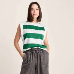 Aurelia Womens 100% Cotton Supersoft Boxy Fit Vest - Green Stripe