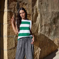 Aurelia Womens 100% Cotton Supersoft Boxy Fit Vest - Green Stripe