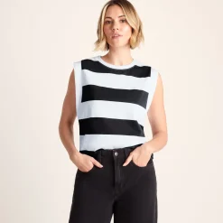 Aurelia Womens 100% Cotton Supersoft Boxy Fit Vest - Washed Black Stripe