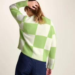 Celeste Womens Checkerboard Chunky Knit Jumper - Lemon Lime