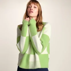 Celeste Womens Checkerboard Chunky Knit Jumper - Lemon Lime