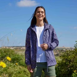 Craven Womens Waterproof Packaway Jacket - Dk Indigo/Lilac Blossom Wave Print