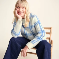 Delilah Womens Checked Chunky Knit Jumper - Vanilla & Cobalt Check