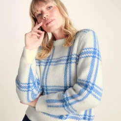 Delilah Womens Checked Chunky Knit Jumper - Vanilla & Cobalt Check