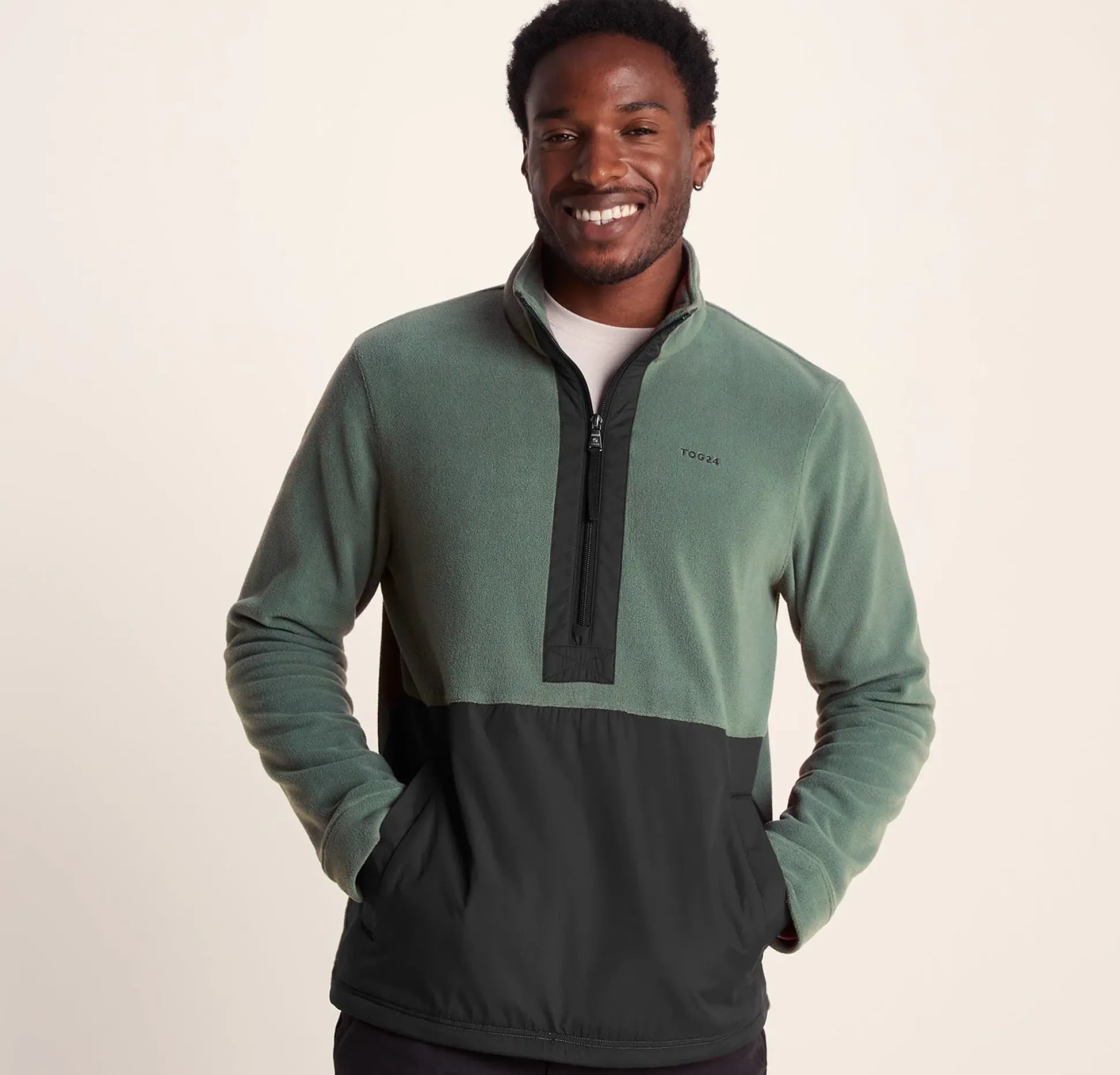 Dowson Mens Relaxed Fit Microfleece Zip Neck - Black/Light Forest