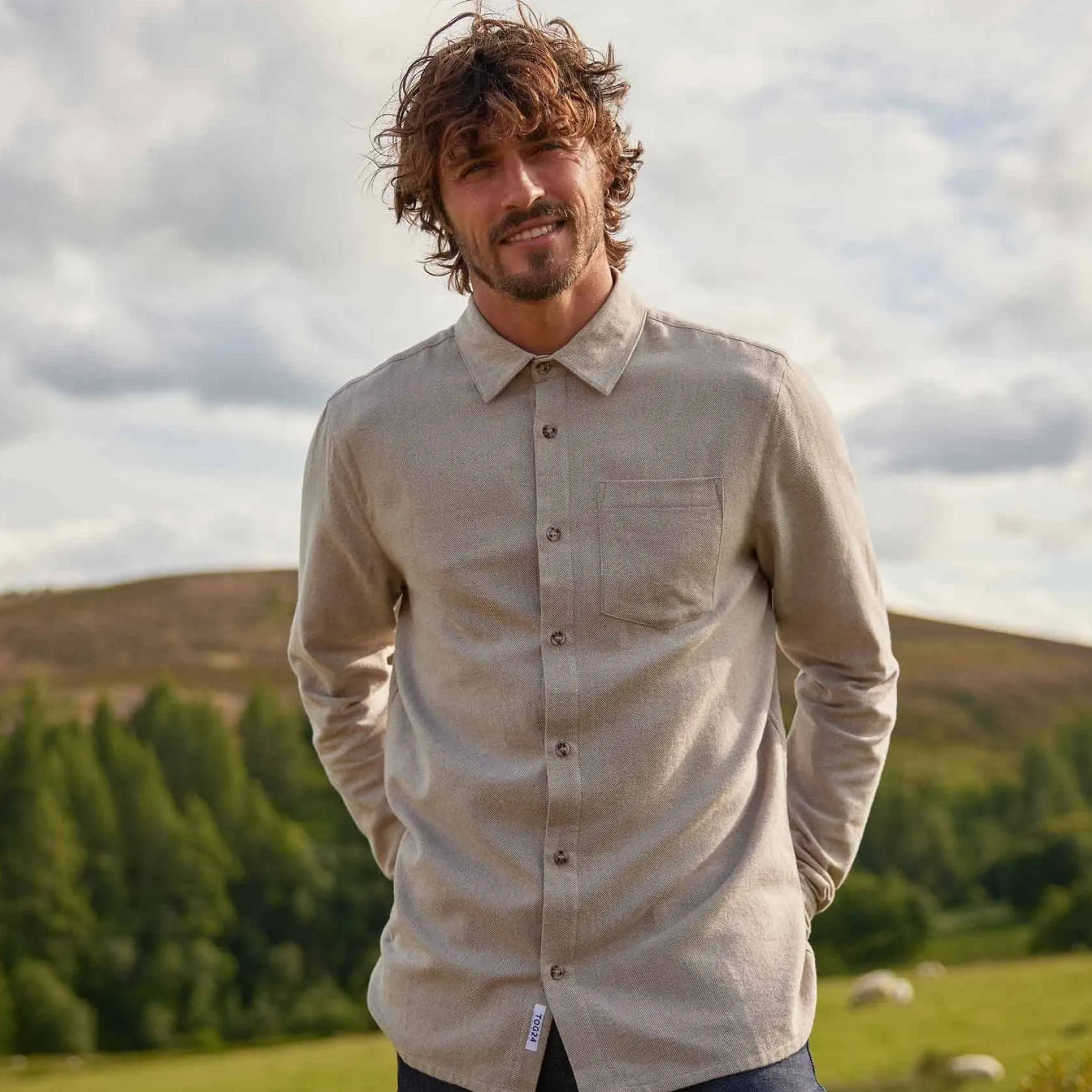 Draper Mens Long Sleeve Cotton Herringbone Shirt - Hazelnut