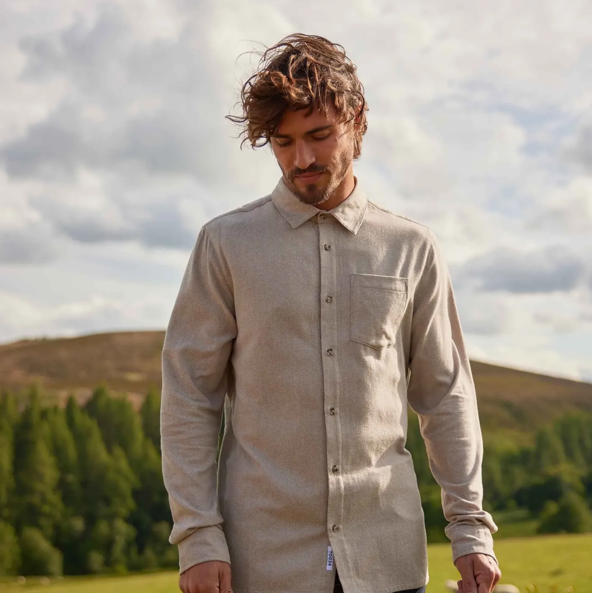 Draper Mens Long Sleeve Cotton Herringbone Shirt - Hazelnut