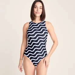 Elaini Womens One Piece Swimsuit - Oxford Blue Wave Print