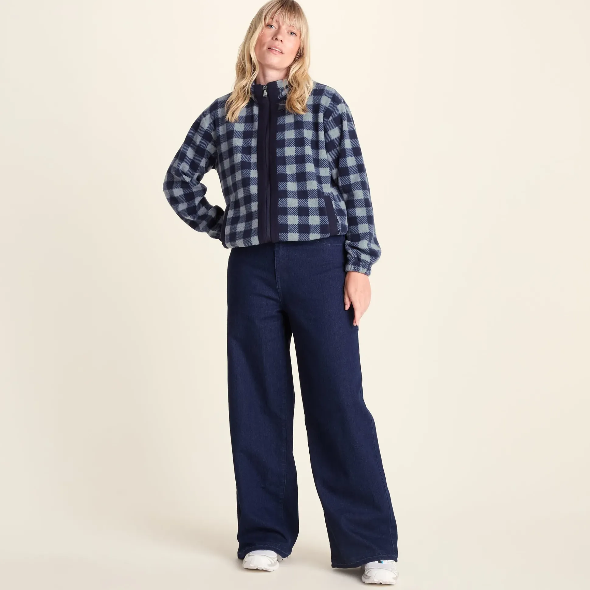 Firan Womens Fleece Jacket - Grey Melange/Navy Gingham