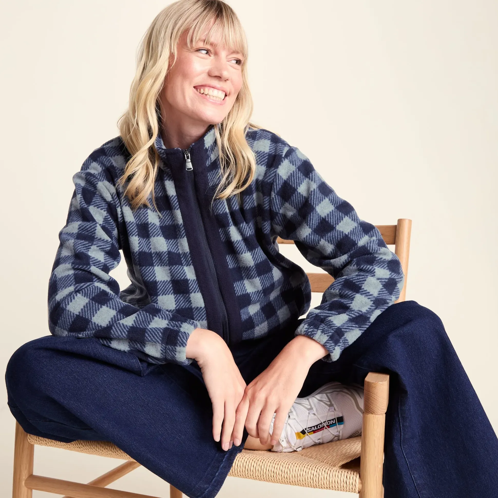 Firan Womens Fleece Jacket - Grey Melange/Navy Gingham
