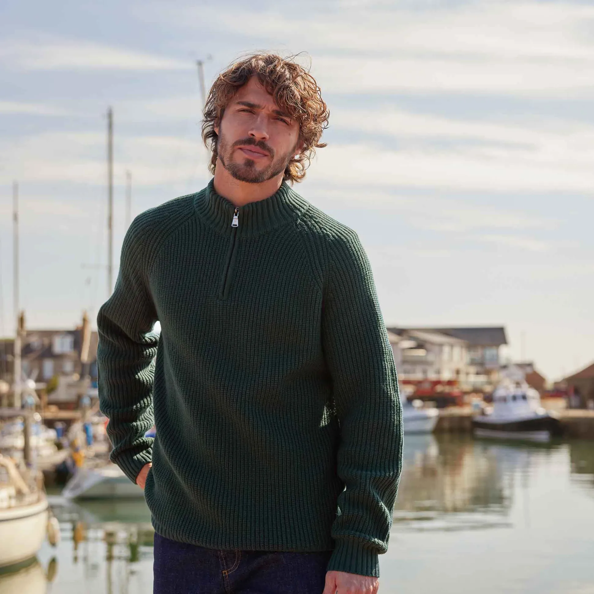 Glen Mens Chunky Knitted Zip Neck Jumper - Racing Green