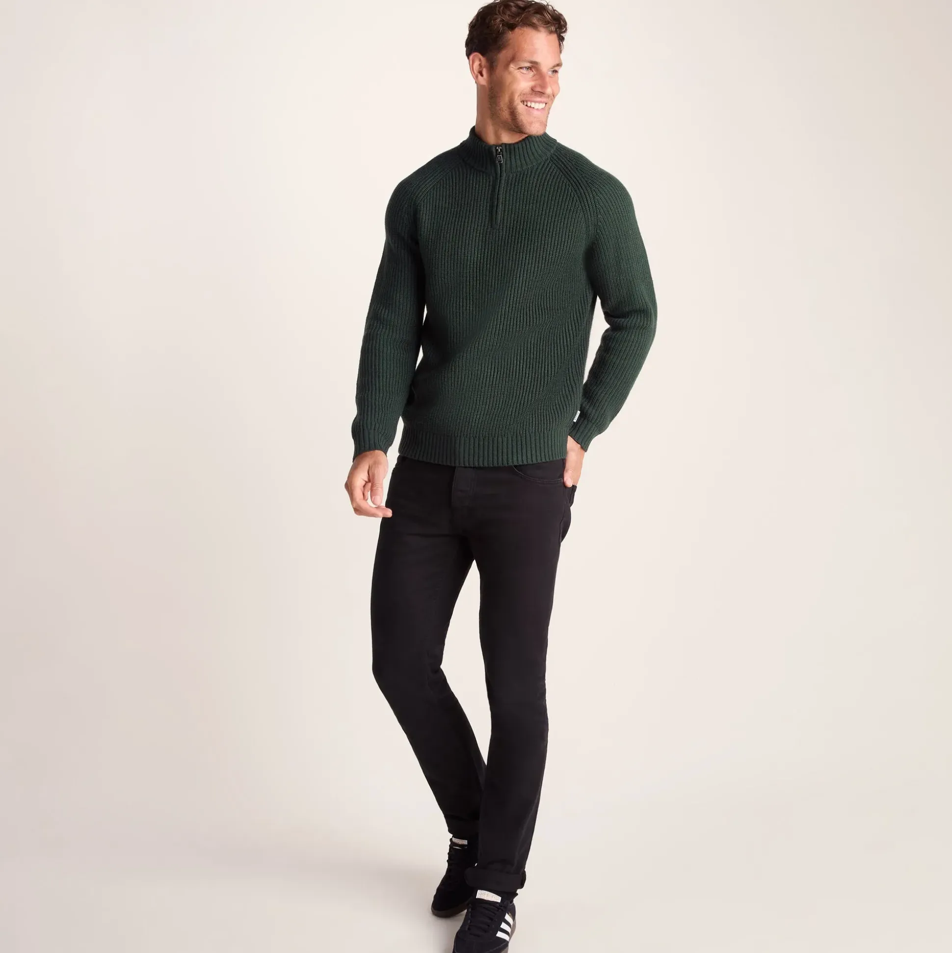 Glen Mens Chunky Knitted Zip Neck Jumper - Racing Green