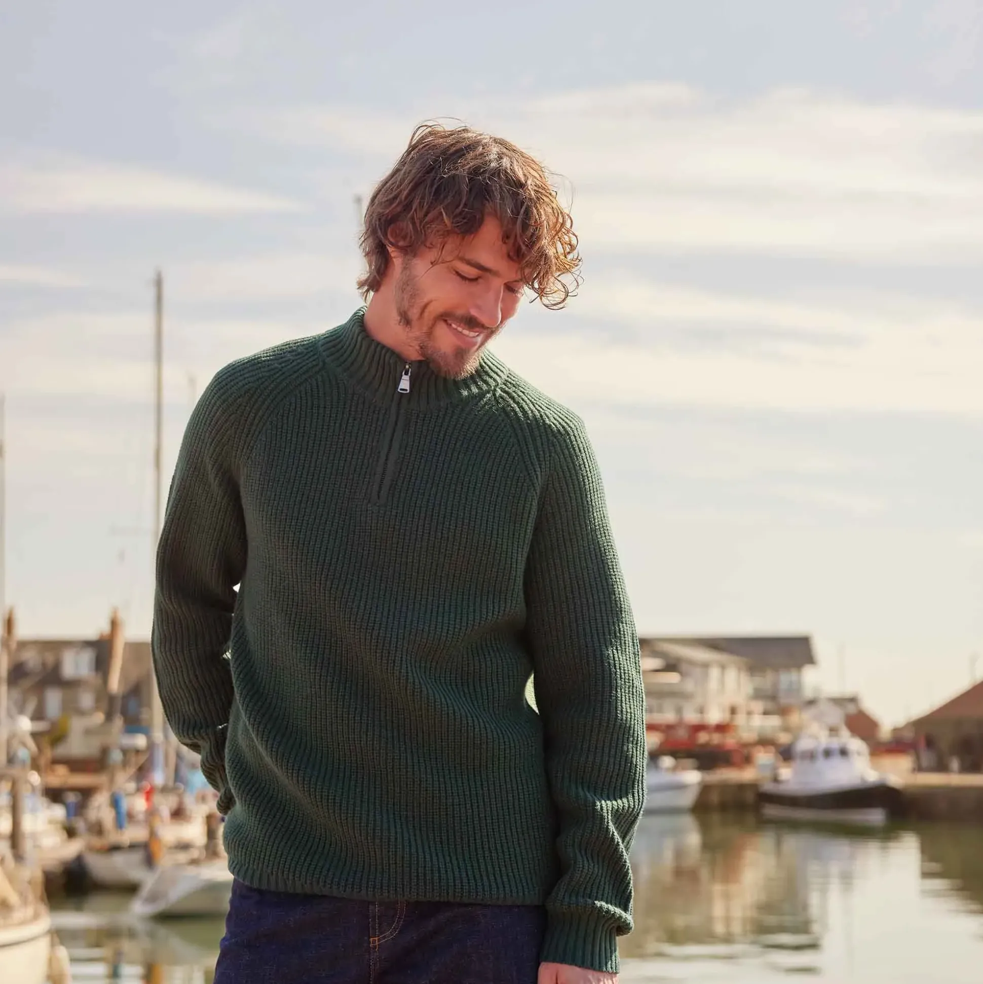 Glen Mens Chunky Knitted Zip Neck Jumper - Racing Green