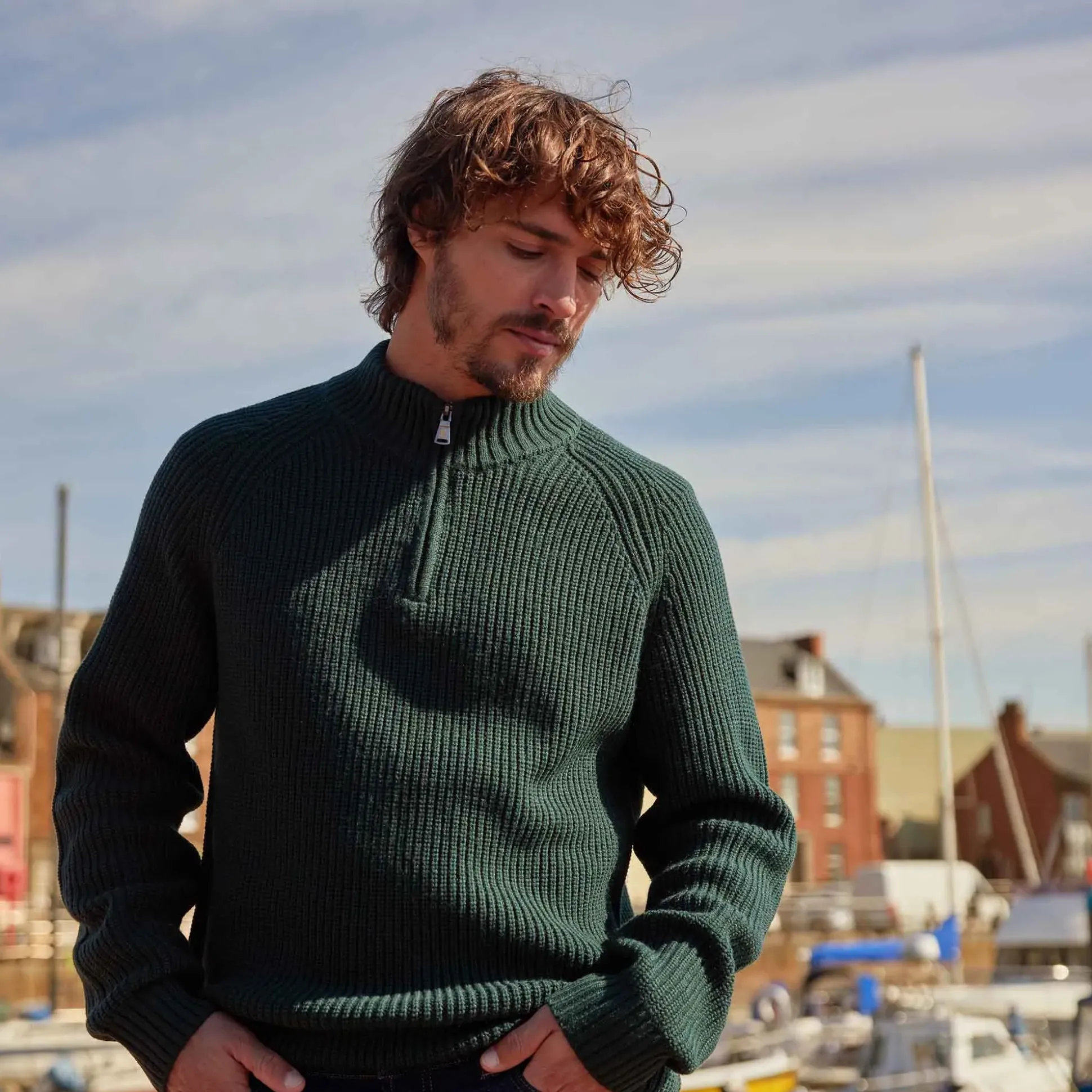 Glen Mens Chunky Knitted Zip Neck Jumper - Racing Green