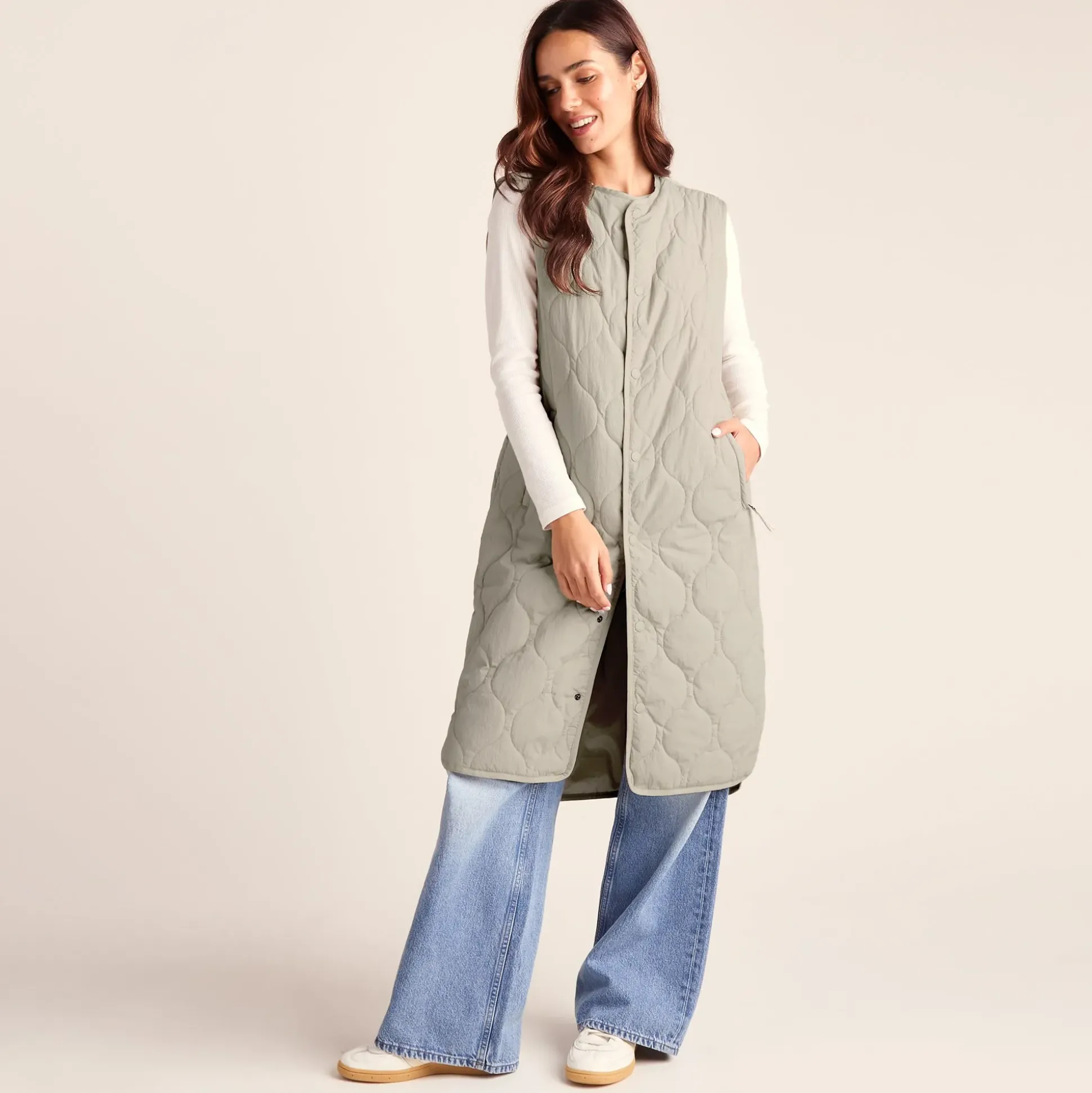 Jena Womens Relaxed Fit Long Insulated Gilet - Cool Beige