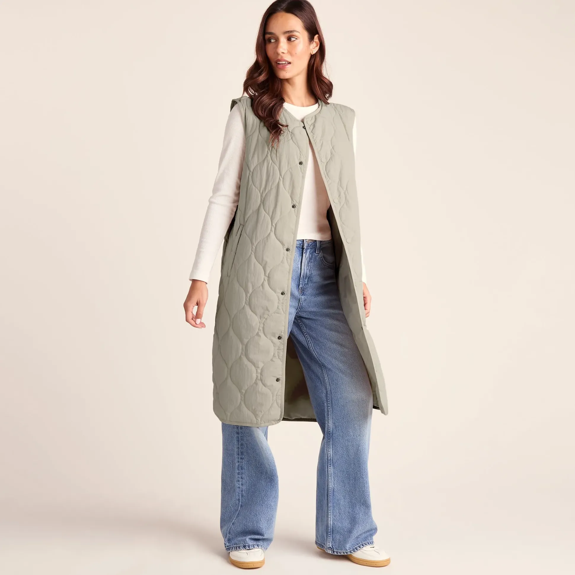 Jena Womens Relaxed Fit Long Insulated Gilet - Cool Beige