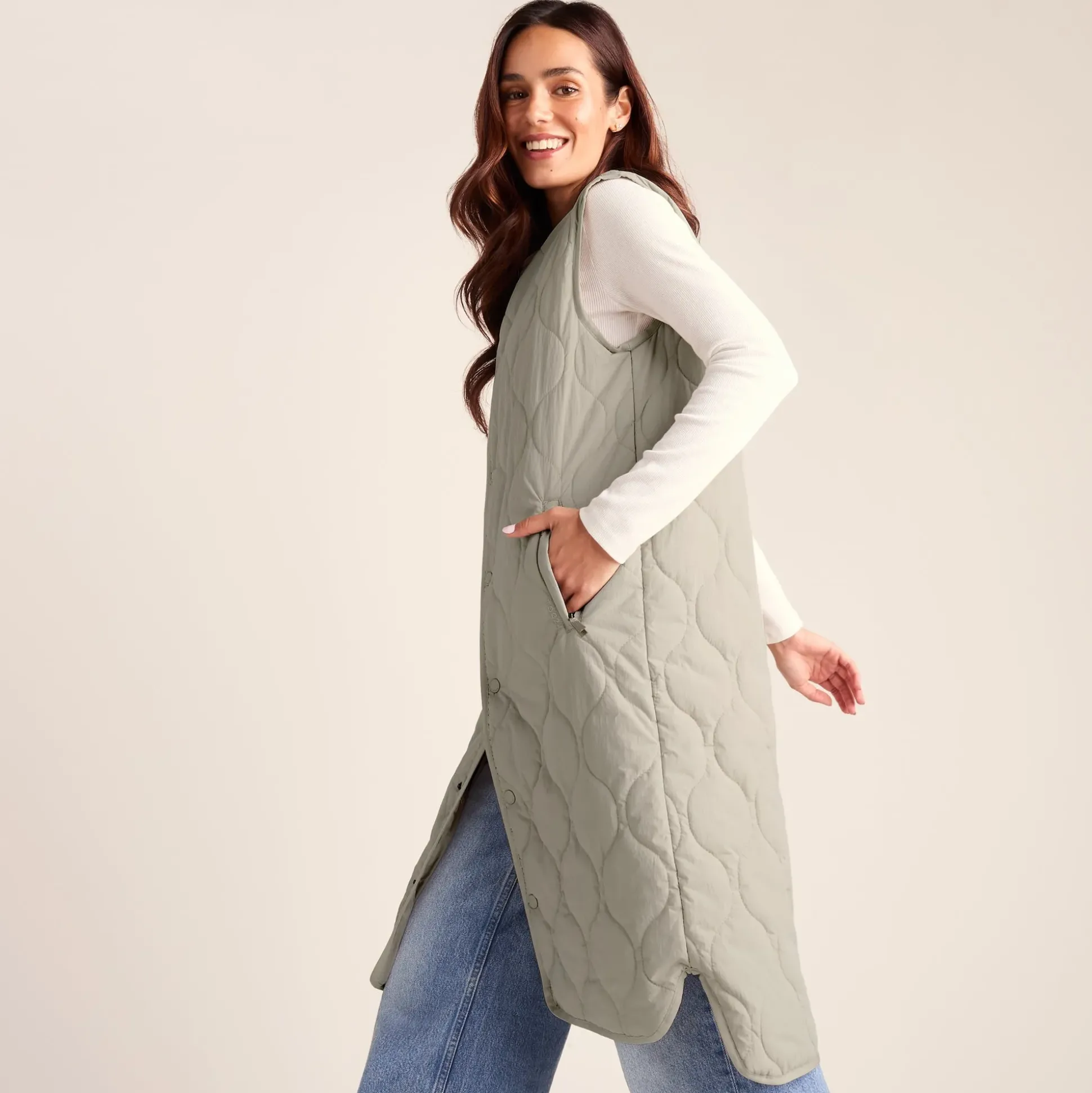 Jena Womens Relaxed Fit Long Insulated Gilet - Cool Beige