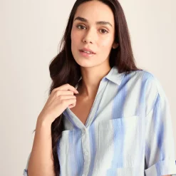 Julie Womens Short Sleeve Seersucker Blouse - Blue Hues Print