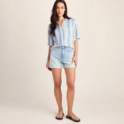 Julie Womens Short Sleeve Seersucker Blouse - Blue Hues Print