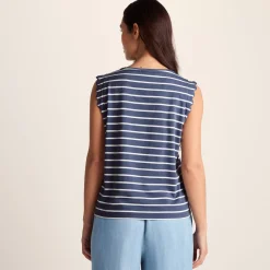 Katie Womens 100% Cotton Supersoft Vest - Smokey Blue/Optic White Stripe