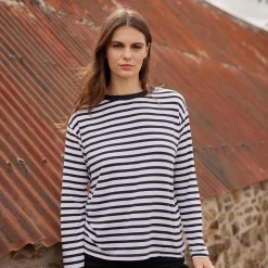 Kitty Womens Long Sleeve Striped T-Shirt - Washed Black Stripe