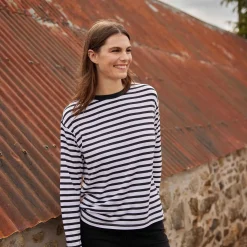 Kitty Womens Long Sleeve Striped T-Shirt - Washed Black Stripe