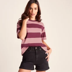 Lani Womens 100% Cotton Supersoft Boxy Fit T-Shirt - Black Raspberry Stripe