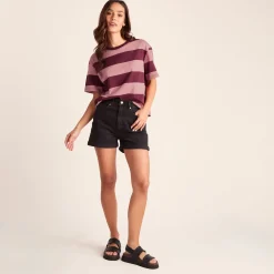 Lani Womens 100% Cotton Supersoft Boxy Fit T-Shirt - Black Raspberry Stripe