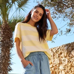 Lani Womens 100% Cotton Supersoft Boxy Fit T-Shirt - Butter Yellow Stripe