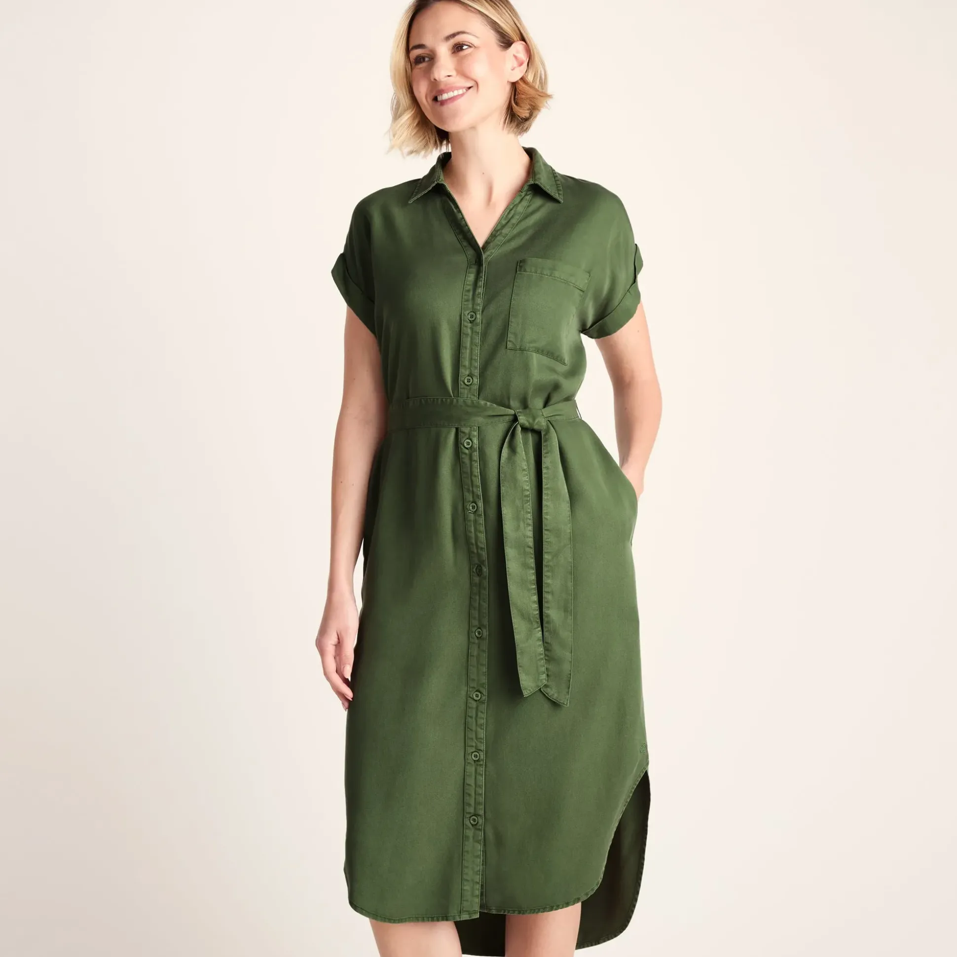 Lenira Womens Relaxed Fit Luxurious Tencel Lyocell Shirt Dress - Dark Matcha