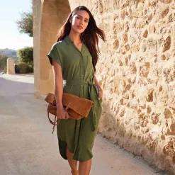 Lenira Womens Relaxed Fit Luxurious Tencel Lyocell Shirt Dress - Dark Matcha