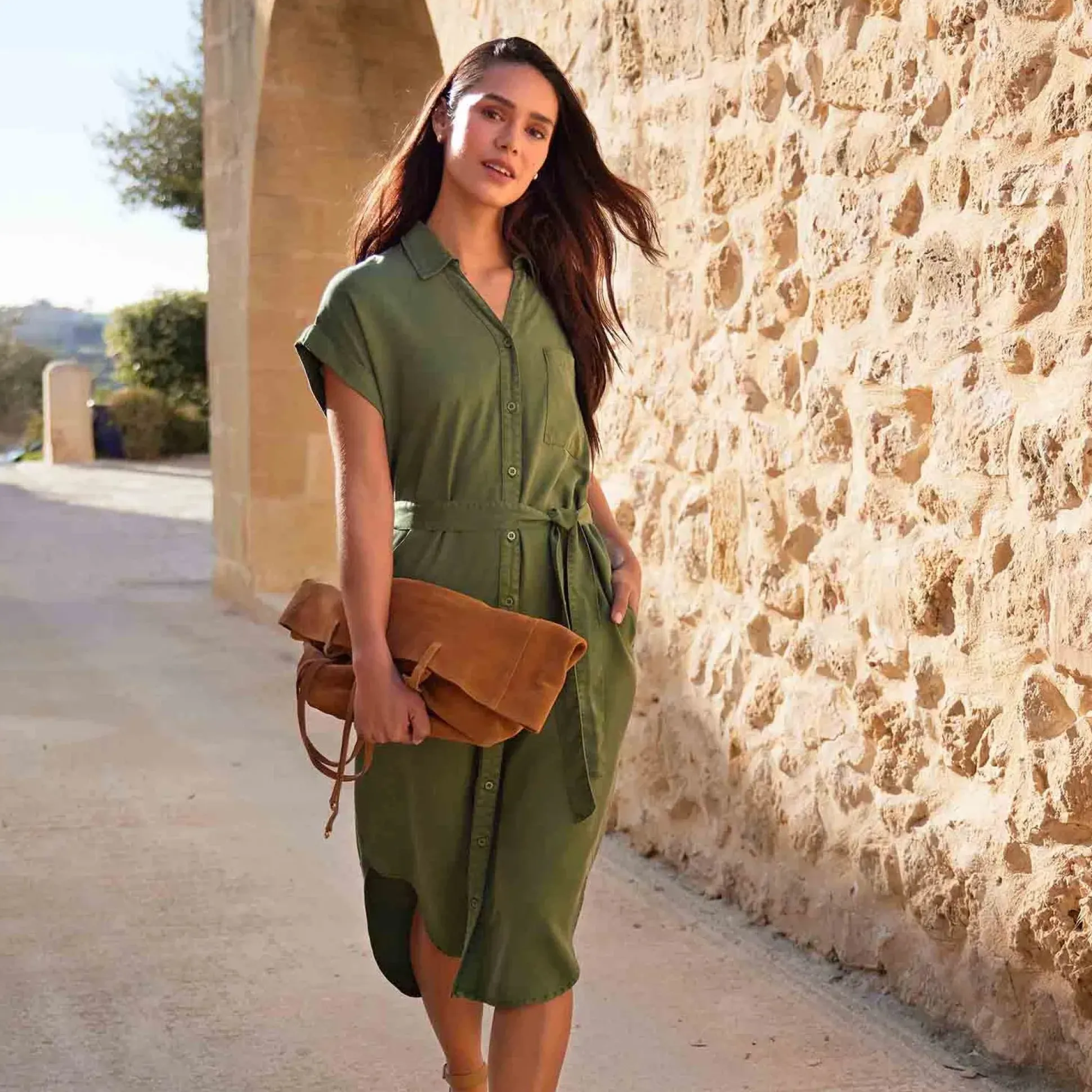 Lenira Womens Relaxed Fit Luxurious Tencel Lyocell Shirt Dress - Dark Matcha