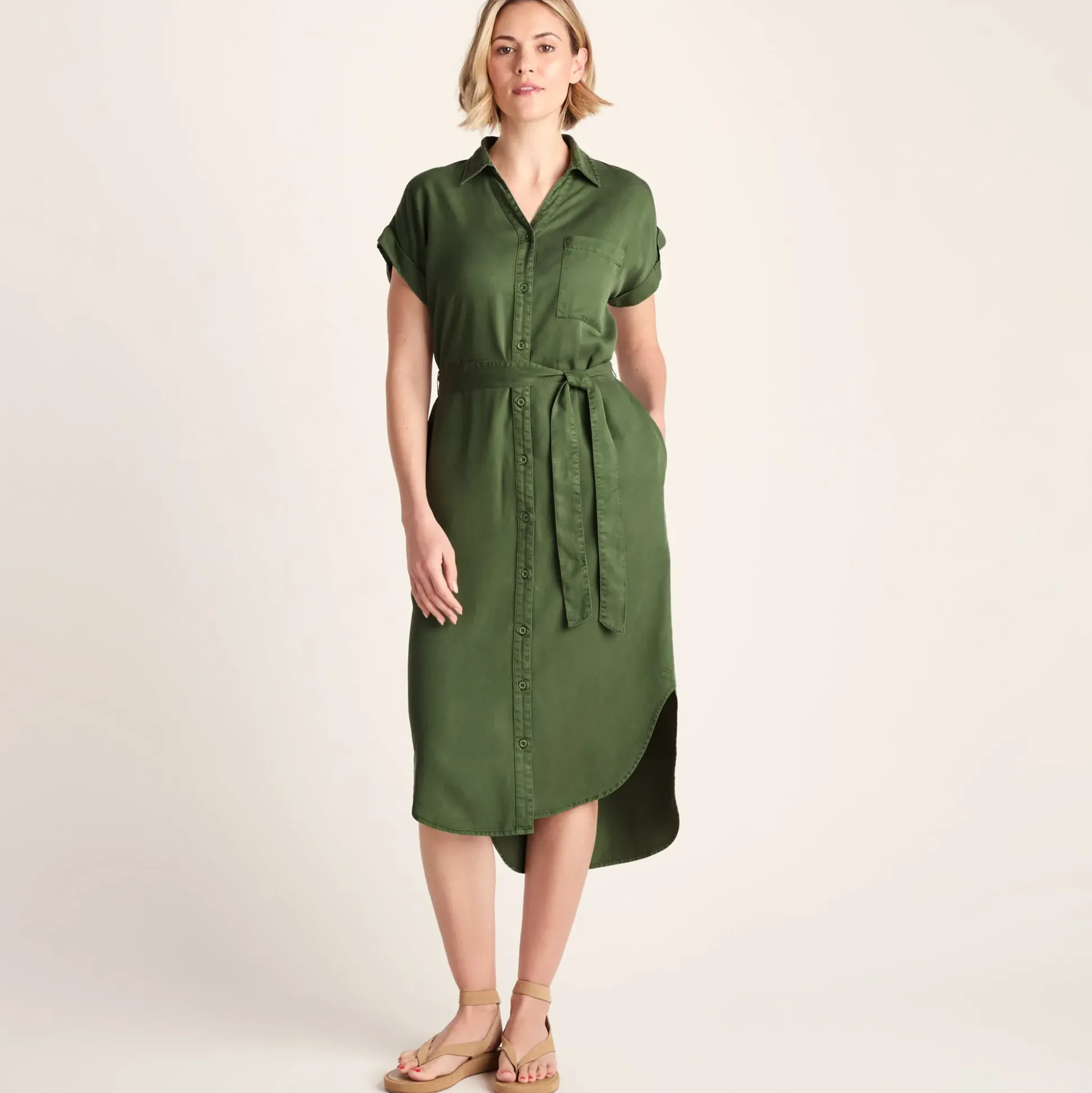 Lenira Womens Relaxed Fit Luxurious Tencel Lyocell Shirt Dress - Dark Matcha