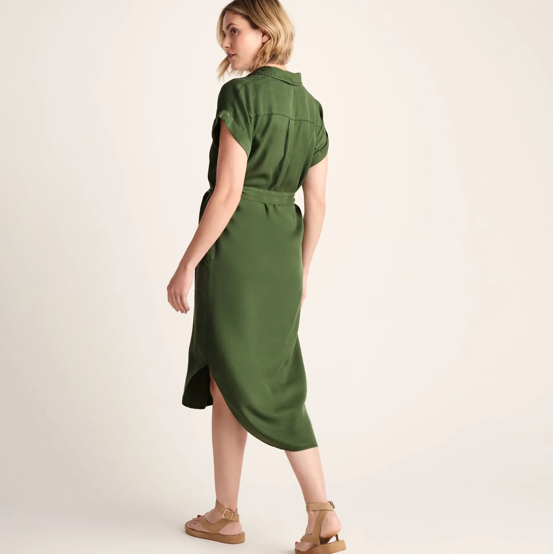 Lenira Womens Relaxed Fit Luxurious Tencel Lyocell Shirt Dress - Dark Matcha