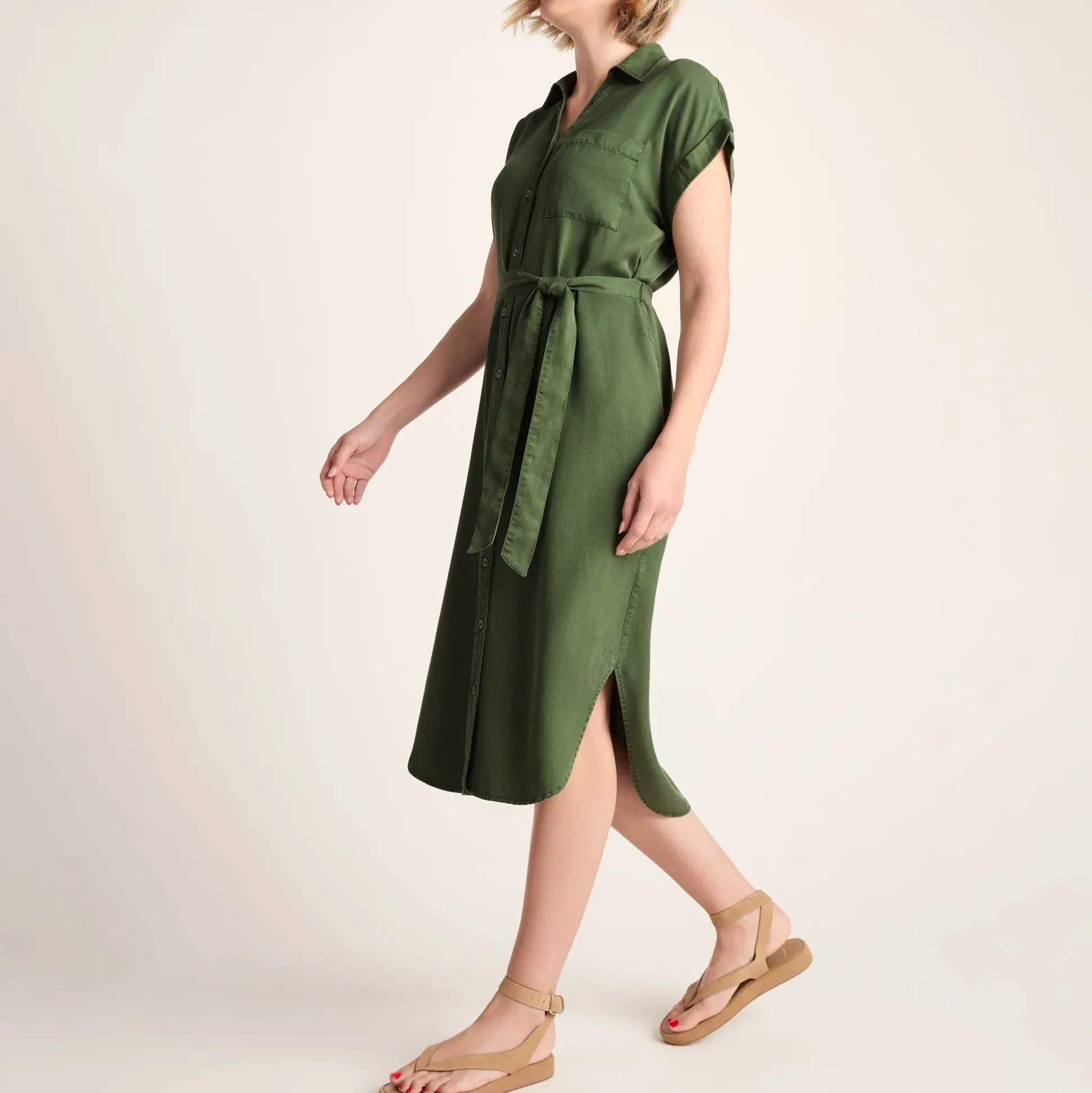 Lenira Womens Relaxed Fit Luxurious Tencel Lyocell Shirt Dress - Dark Matcha