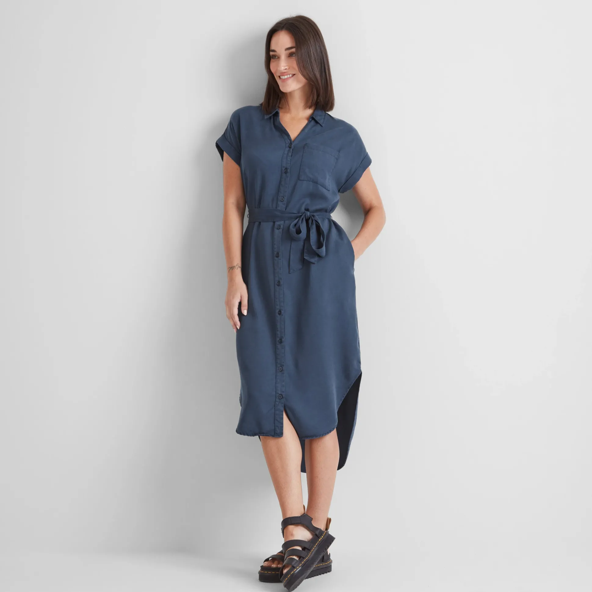 Lenira Womens Relaxed Fit Luxurious Tencel Lyocell Shirt Dress - Dark Denim