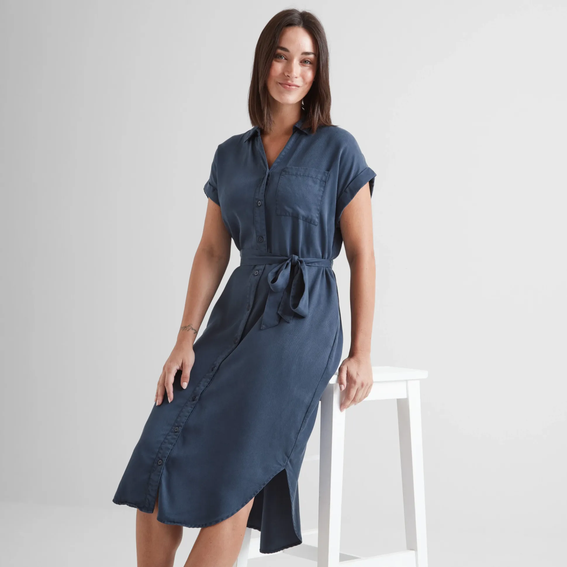 Lenira Womens Relaxed Fit Luxurious Tencel Lyocell Shirt Dress - Dark Denim