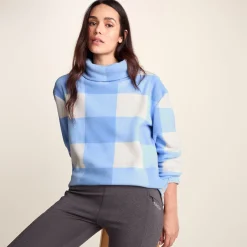 March Womens Relaxed Fit Microfleece Pullover - Powder Blue Gingham