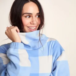 March Womens Relaxed Fit Microfleece Pullover - Powder Blue Gingham