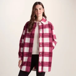 Sally Womens Sherpa Fleece Shacket - Burgundy Check