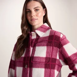 Sally Womens Sherpa Fleece Shacket - Burgundy Check