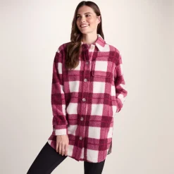 Sally Womens Sherpa Fleece Shacket - Burgundy Check