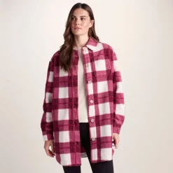 Sally Womens Sherpa Fleece Shacket - Burgundy Check