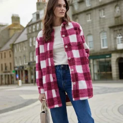 Sally Womens Sherpa Fleece Shacket - Burgundy Check