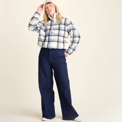 Sara Womens Relaxed Fit Sherpa Fleece Zip Neck - Cobalt & Brown Check