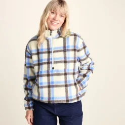 Sara Womens Relaxed Fit Sherpa Fleece Zip Neck - Cobalt & Brown Check