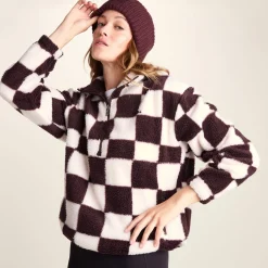 Sara Womens Relaxed Fit Sherpa Fleece Zip Neck - Huckleberry Checkerboard