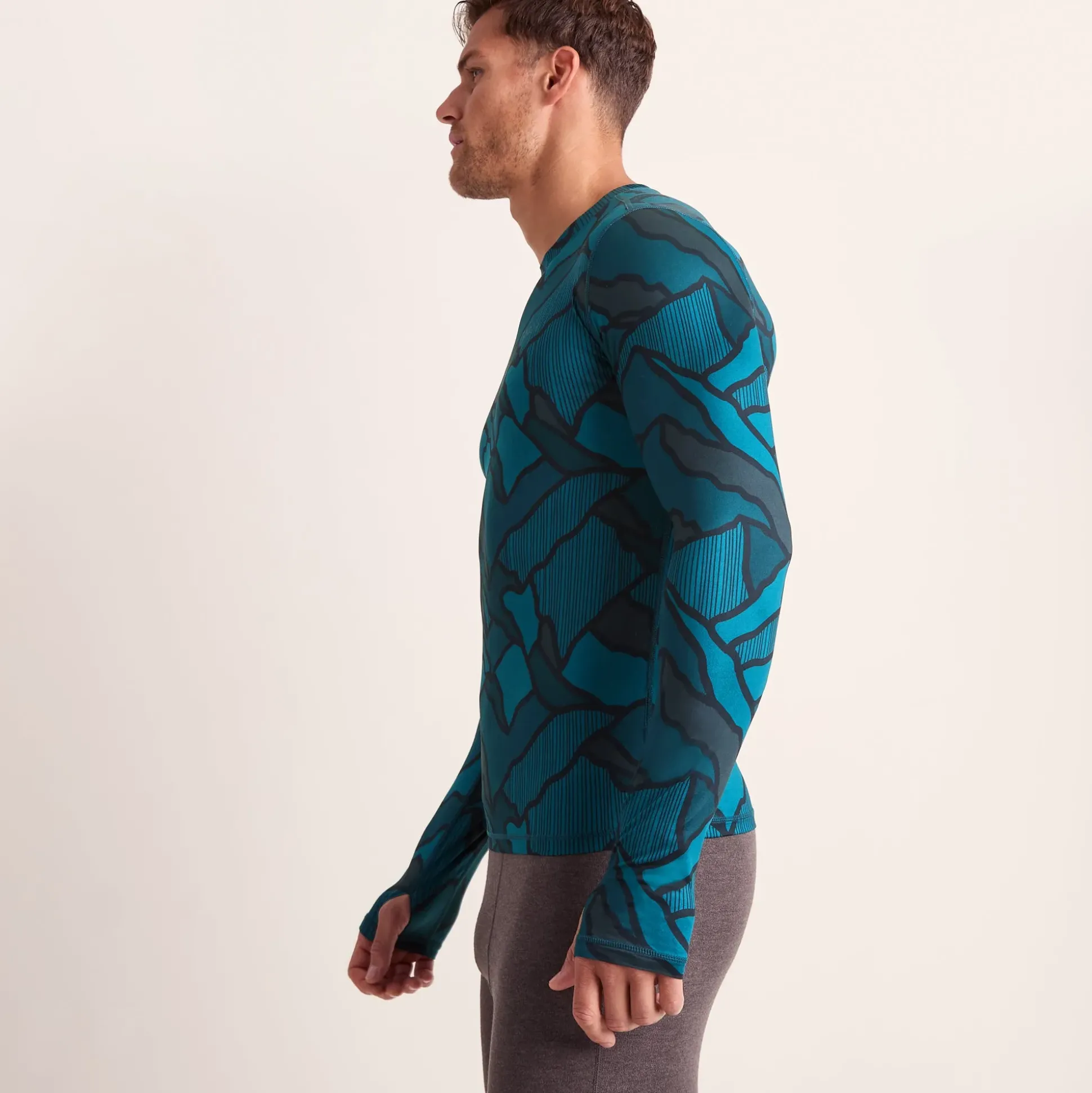 Snowdon Mens Thermal Crew Neck Base Layer - Dark Turquoise Abstract Mountain Print